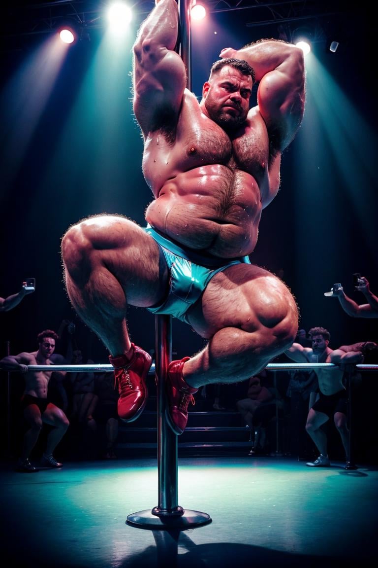 analog photograph of, a (fat:0.8) 26yo strongman, (hairy), (film grain, dramatic lighting), sweaty, shiny briefs, pole dancing, burlesque, action shot, sharp focus,