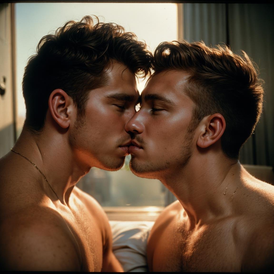 analog photograph of, two men kissing, (film grain, film photography, natural light), <lora:more_details:0.1>,