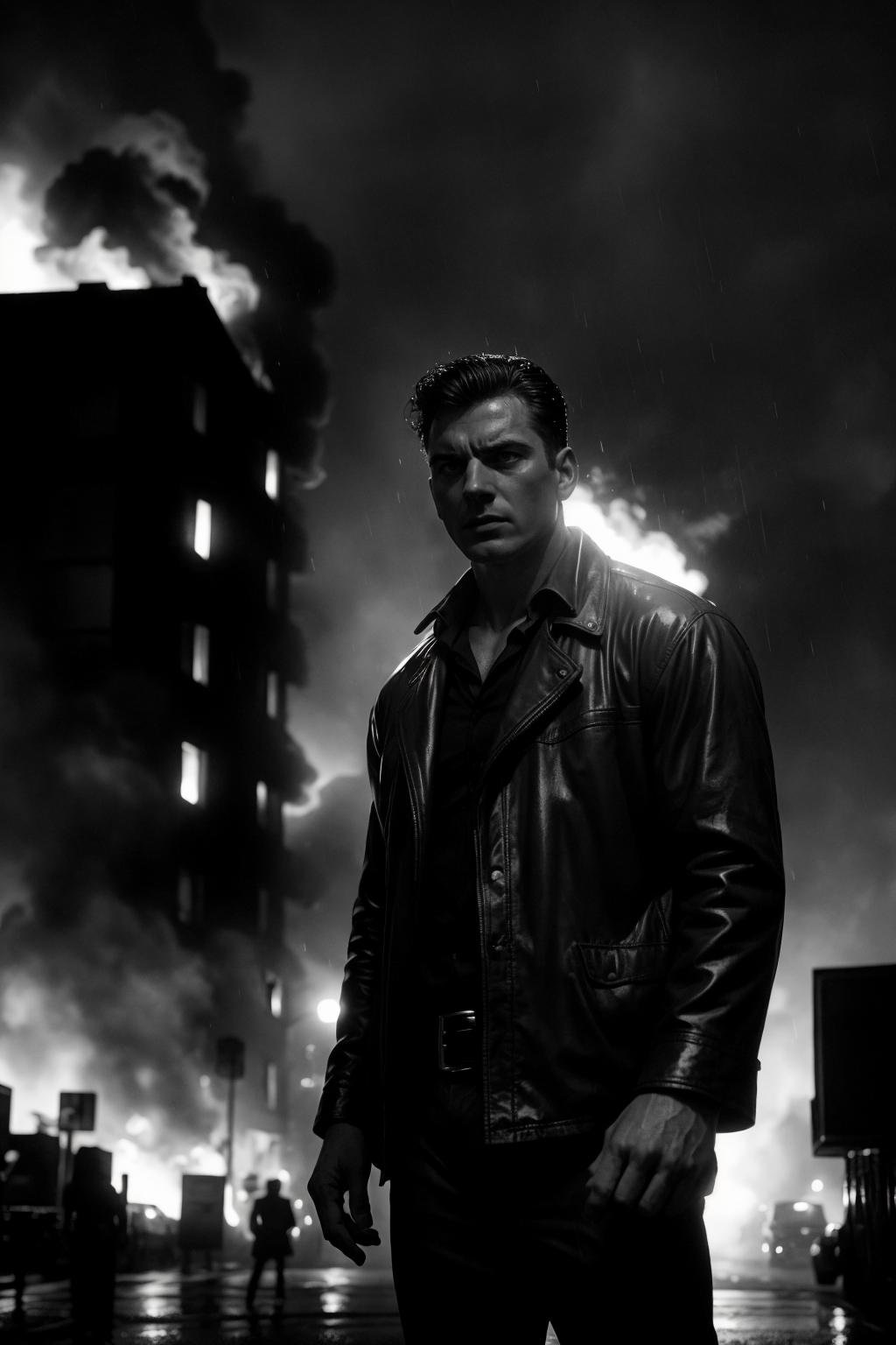 still from a film noir movie of, a man standing in front of a burning building, rain, (dramatic lighting, monochrome, film grain),