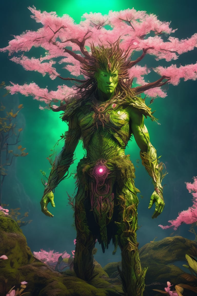 (The king),(Cyberpunk Treeman),metal leaves,wired branches,glowing light eyes,mechanical bark,with moss-covered bark,tribe outfit,(ancient tribal markings),control tendrils extending from the arms,Neon lights dancing on the body,(Lightning around branches and leaves),(peach blossom),Soft and delicate petals,vivd colour,(A harmonious blend of green and pink),(Ominous dark clouds in the sky),Night atmosphere,A futuristic,Vivid colors and high-contrast lighting,Dramatic shadows and highlights.(best quality, 4k, 8k, masterpiece: 1.2), ultra fine, (realistic, photo realistic, photo realistic: 1.37)