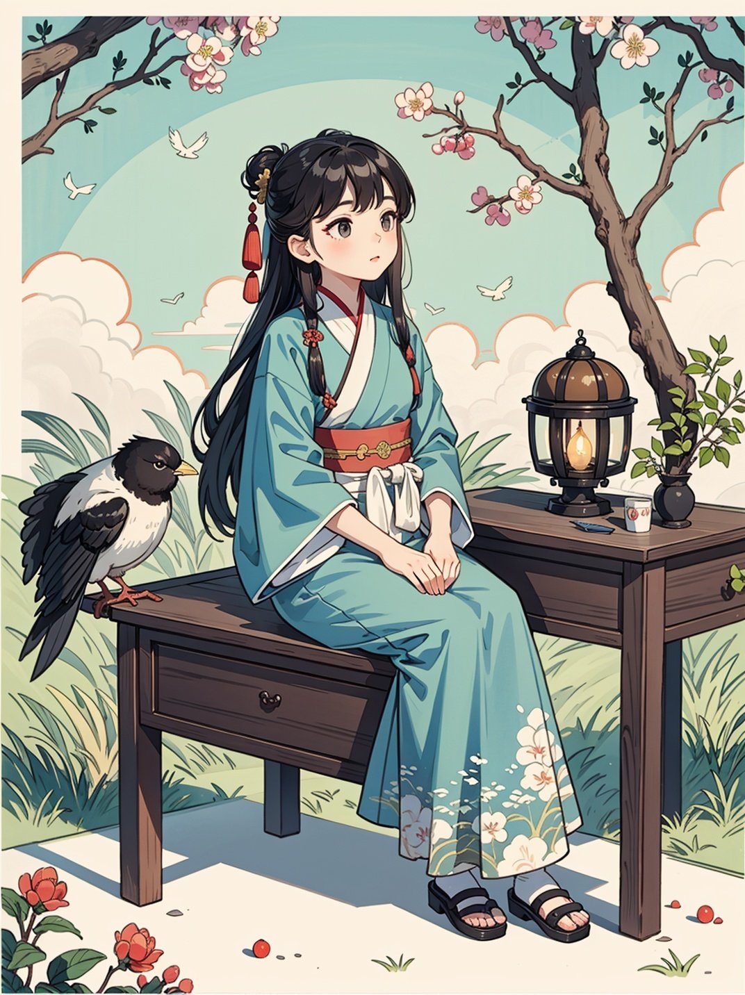 A five year old Chinese girl wearing a light blue Hanfu,very cute,with a cute and beautiful round face. She sits in front of a desk and looks up at the sky,confident,charming,antique,CG rendered,cg rendering,, A ink painting of a tranquil orchard with Chinese writing on it and a pair of birds building their nest, with a fruit-laden branch in the foreground, An Zhengwen, organic painting, a minimalist painting, art & language, ink and wash,