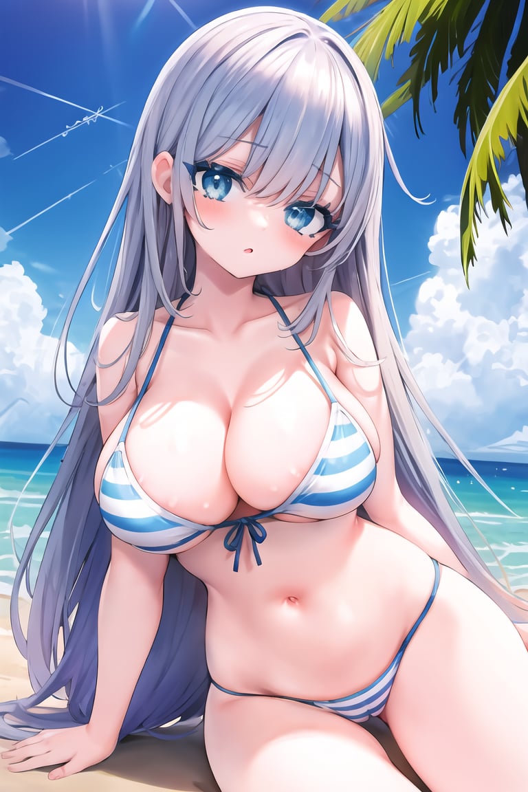 eyelashes,  huge breasts,  blue striped bikini by user_646325667025143844 on Tensor.Art