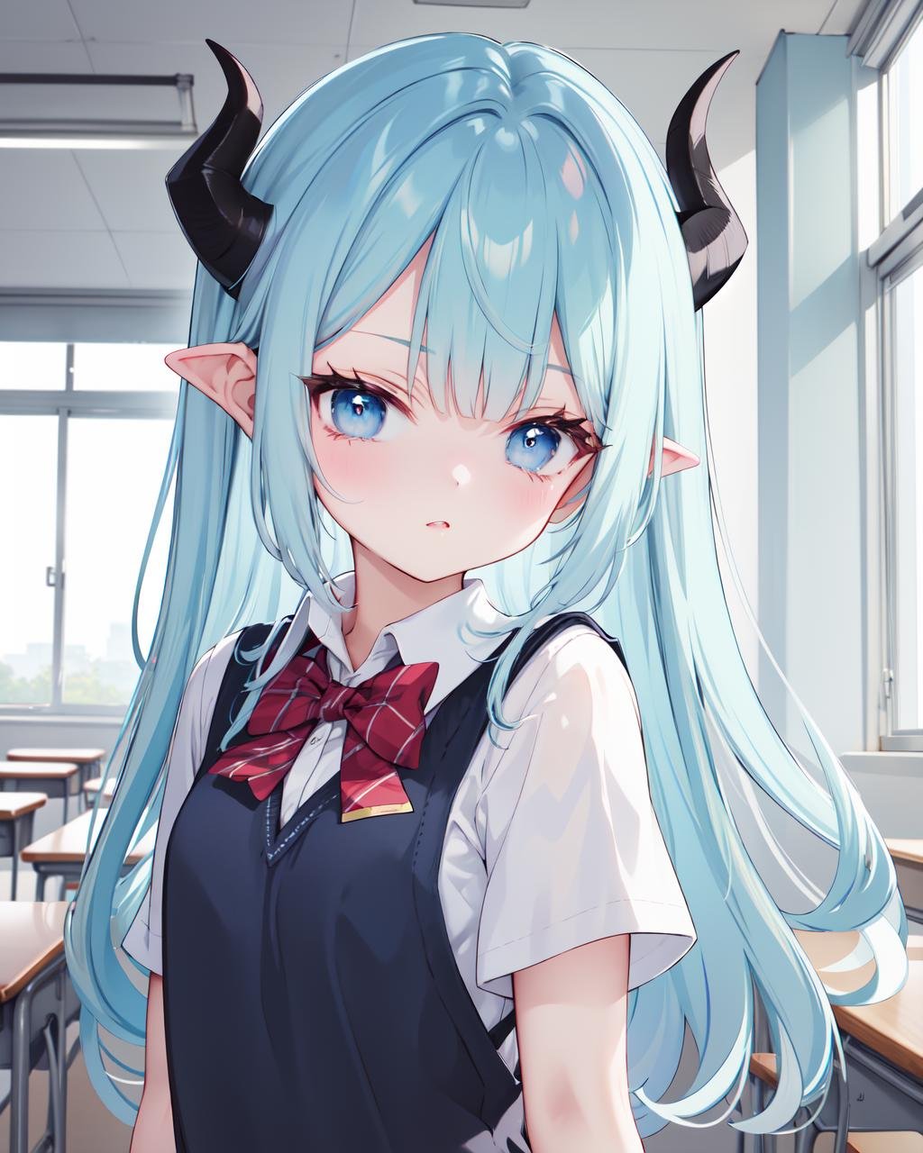 light blue hair,  blue eyes,  horns by Ttan on Tensor.Art