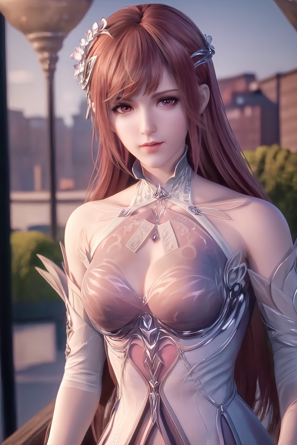 (8k, RAW photo, best quality, masterpiece:1.2),(realistic, photo-realistic:1.3), ultra-detailed, extremely detailed cg 8k wallpaper,(crystalstexture skin:1.2), (extremely delicate and beautiful),1girl, solo, long_hair, hair_ornament, brown_hair, outdoors, day,cold light,(full shot), (breasts,medium_breasts, cleavage:1.3),looking_at_viewer, sitting, 