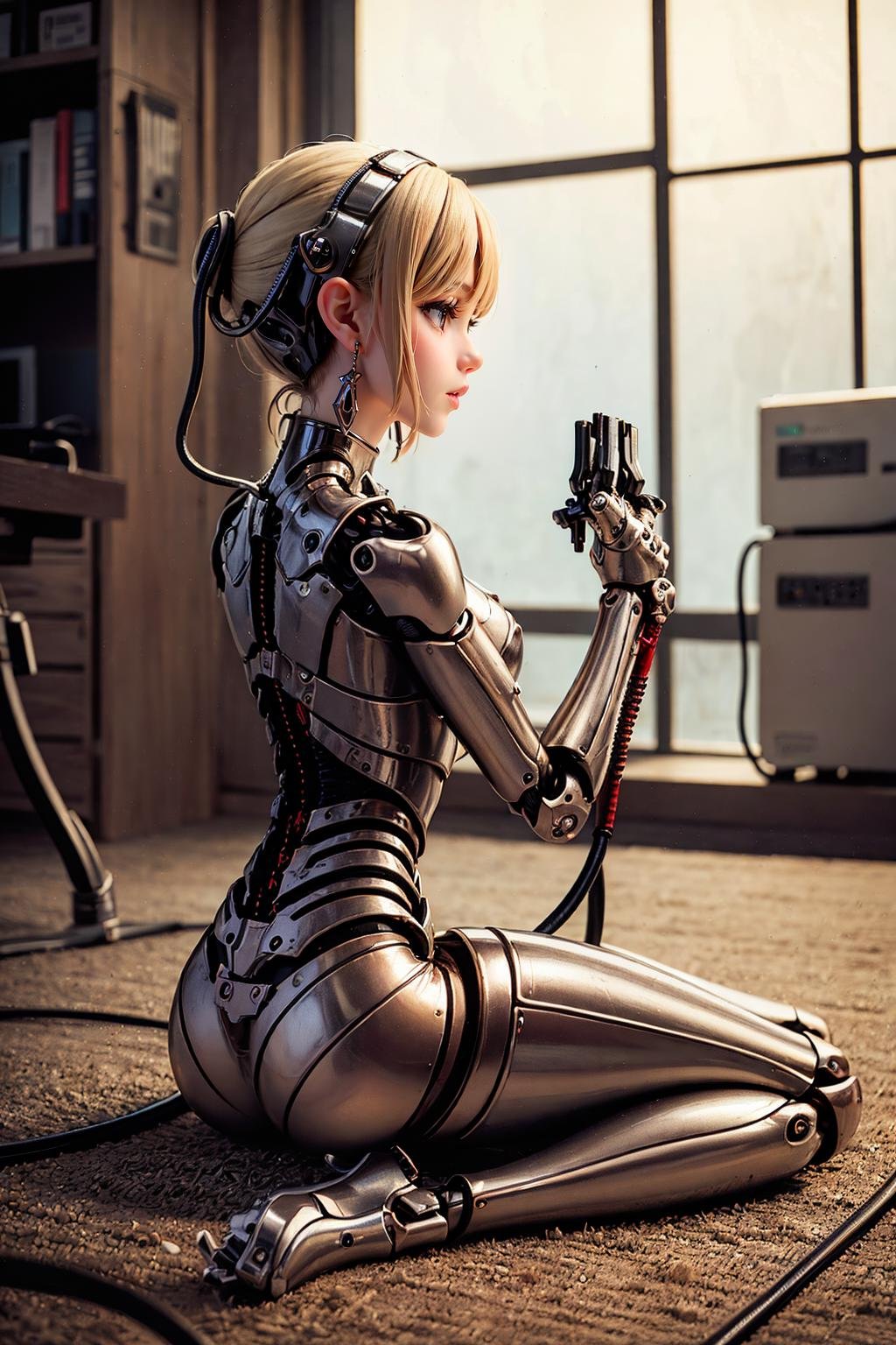 (((masterpiece))), (((best quality))), ((ultra-detailed)), (highly detailed CG illustration), ((an extremely delicate and beautiful)),(from side),cinematic light,((1mechanical girl)),solo,full body,(machine made joints:1.2),((machanical limbs)),(blood vessels connected to tubes),(mechanical vertebra attaching to back),((mechanical cervial attaching to neck)),(sitting),expressionless,(wires and cables attaching to neck:1.2),(wires and cables on head:1.2)(character focus),science fiction,extreme detailed,colorful,highest detailed