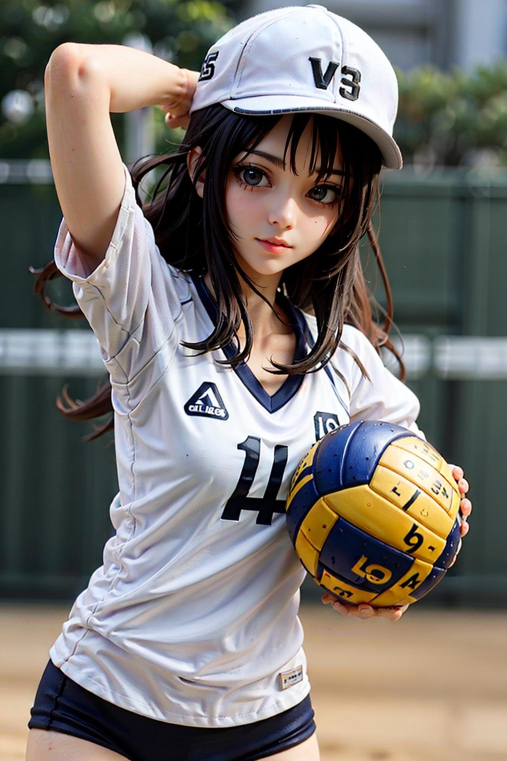 woman posing for a photo,(wearing volley_uniform:1.3),green uniform, ball_in_air, beach_volley, wearing beach_cap, good hand,4k, high-res, masterpiece, best quality, head:1.3,((Hasselblad photography)), finely detailed skin, sharp focus, (cinematic lighting), collarbone, night, soft lighting, dynamic angle, [:(detailed face:1.2):0.2],(((inside volleyball field))), outside,  <lora:baseball_uniform:0.7>