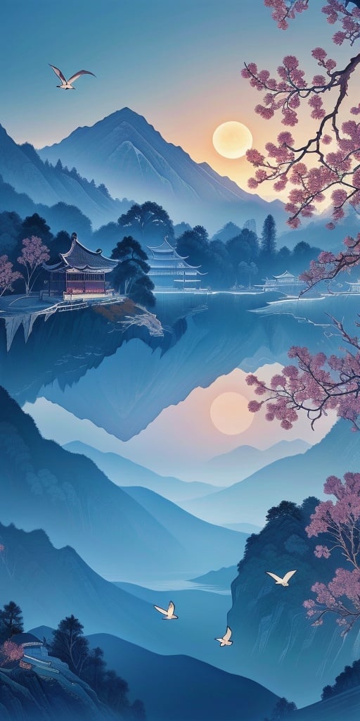 Masterpiece,high quality,scenery,chinese architecture,trees,birds,sun,dusk<lora:UIACH:1>