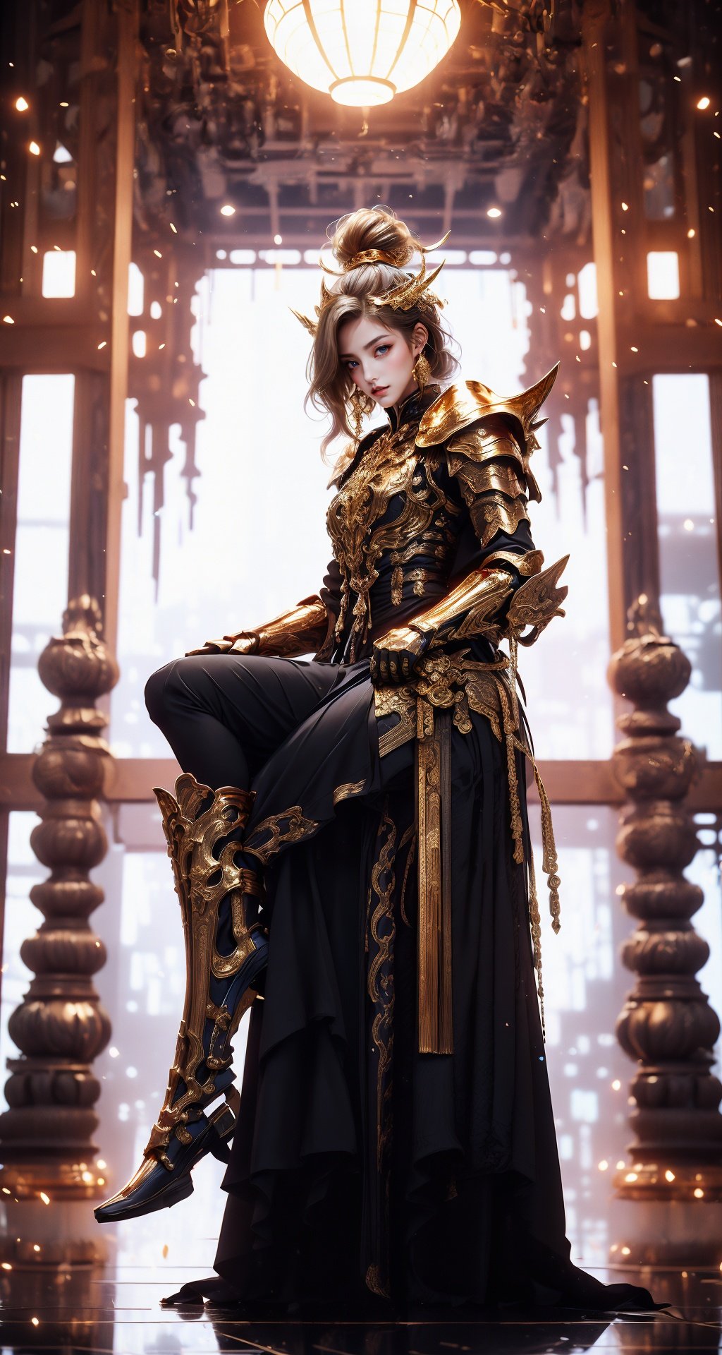 mid age land,  golden hair,  beautiful eyes, long leg,  beatiful hand,  , boots,  swords,  heijing1,  delicate\(armor\),  heijing1,<lora:EMS-65714-EMS:0.400000>,<lora:EMS-63242-EMS:0.400000>,<lora:EMS-98176-EMS:1.300000>