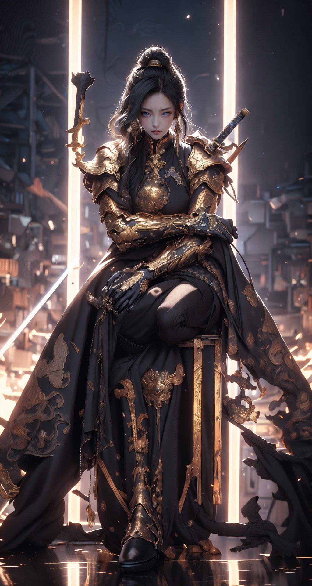 mid age land,  golden hair,  beautiful eyes, long leg,  beatiful hand,  , boots,  swords,  heijing1,  delicate\(armor\),  heijing1,<lora:EMS-98172-EMS:1.700000>,<lora:EMS-65714-EMS:0.400000>,<lora:EMS-63242-EMS:0.400000>