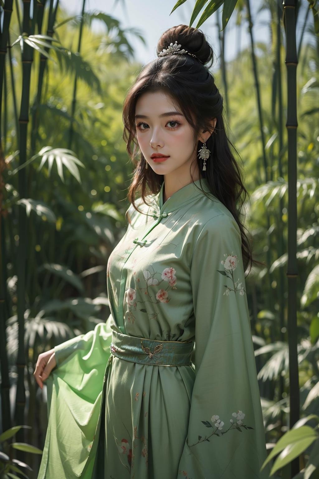 1girl,hair bun,bamboo forest,chinese clothes,hair ornament,long sleeves,black hair,long hair,earrings,jewelry,green dress,<lora:竹:0.6>,upper body,, masterpiece,best quality,ultra-detailed,