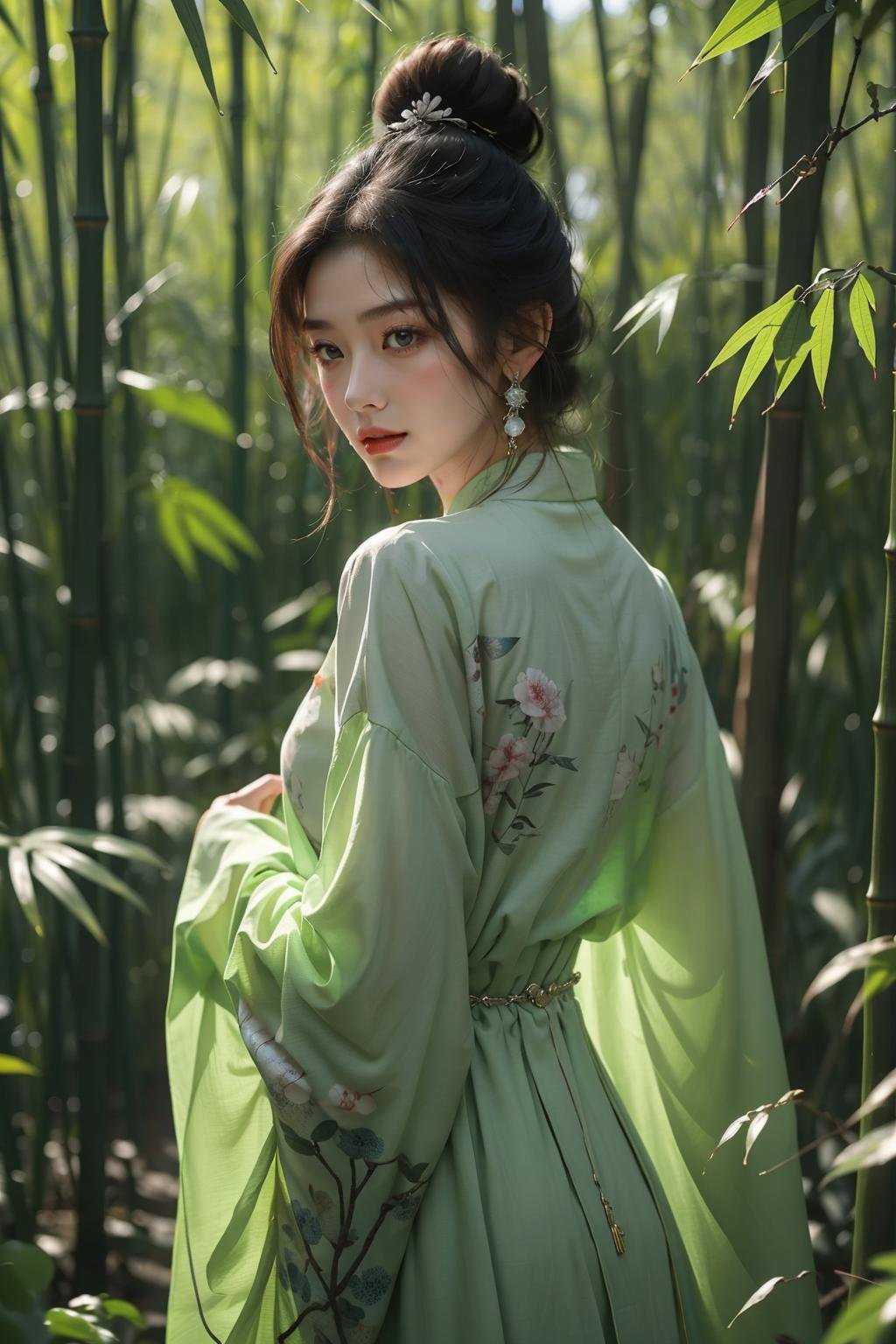 1girl,hair bun,bamboo forest,chinese clothes,hair ornament,long sleeves,black hair,long hair,earrings,jewelry,green dress,<lora:竹:0.6>,upper body,, masterpiece,best quality,ultra-detailed,