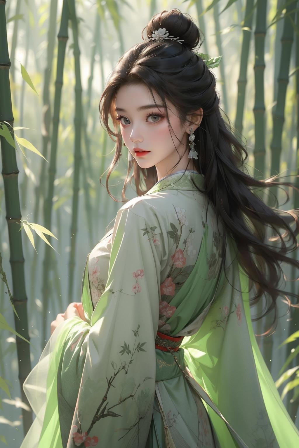 1girl,hair bun,bamboo forest,chinese clothes,hair ornament,long sleeves,black hair,long hair,earrings,jewelry,green dress,<lora:竹:0.75>,upper body,, masterpiece,best quality,ultra-detailed,