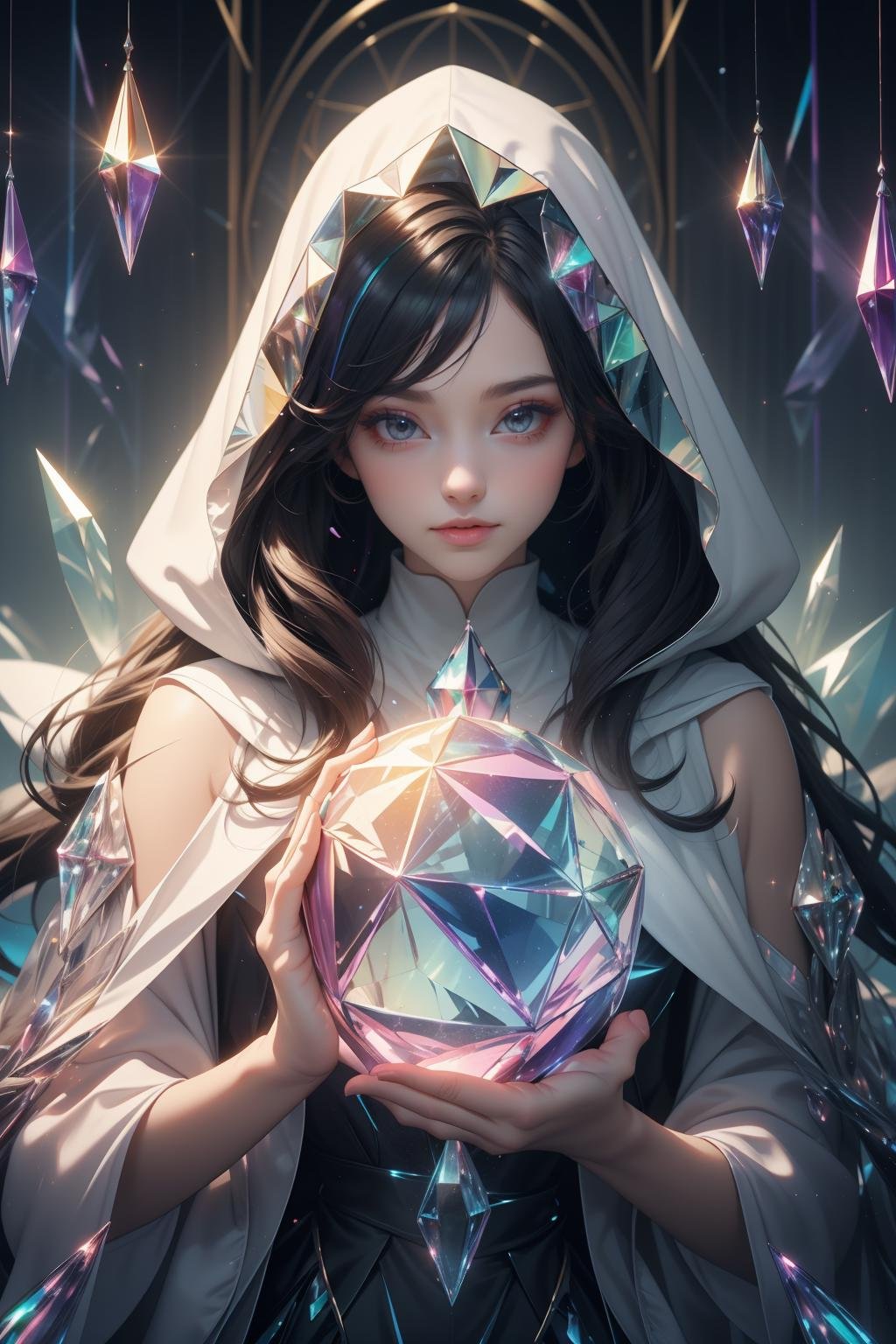 (masterpiece, top quality, best quality, official art, beautiful and aesthetic:1.2),(radial composition:1.2),1 girl,upper body,a nun wearing a transparent hood rebe made of azure crystal,crystalline leggings,magic ball,(crystal church interior),arch,colorful glass,mirror floor reflection,(iridescent,vivid fancy neon color),symmetrical ballance,glowing rainbow color long hair,fantasy,ethereal,epic,(fractal),<lora:samo crystal3-000009:0.7>,<lora:black issey miyake:0.3>,<lora:CrystallineAI:0.4>,