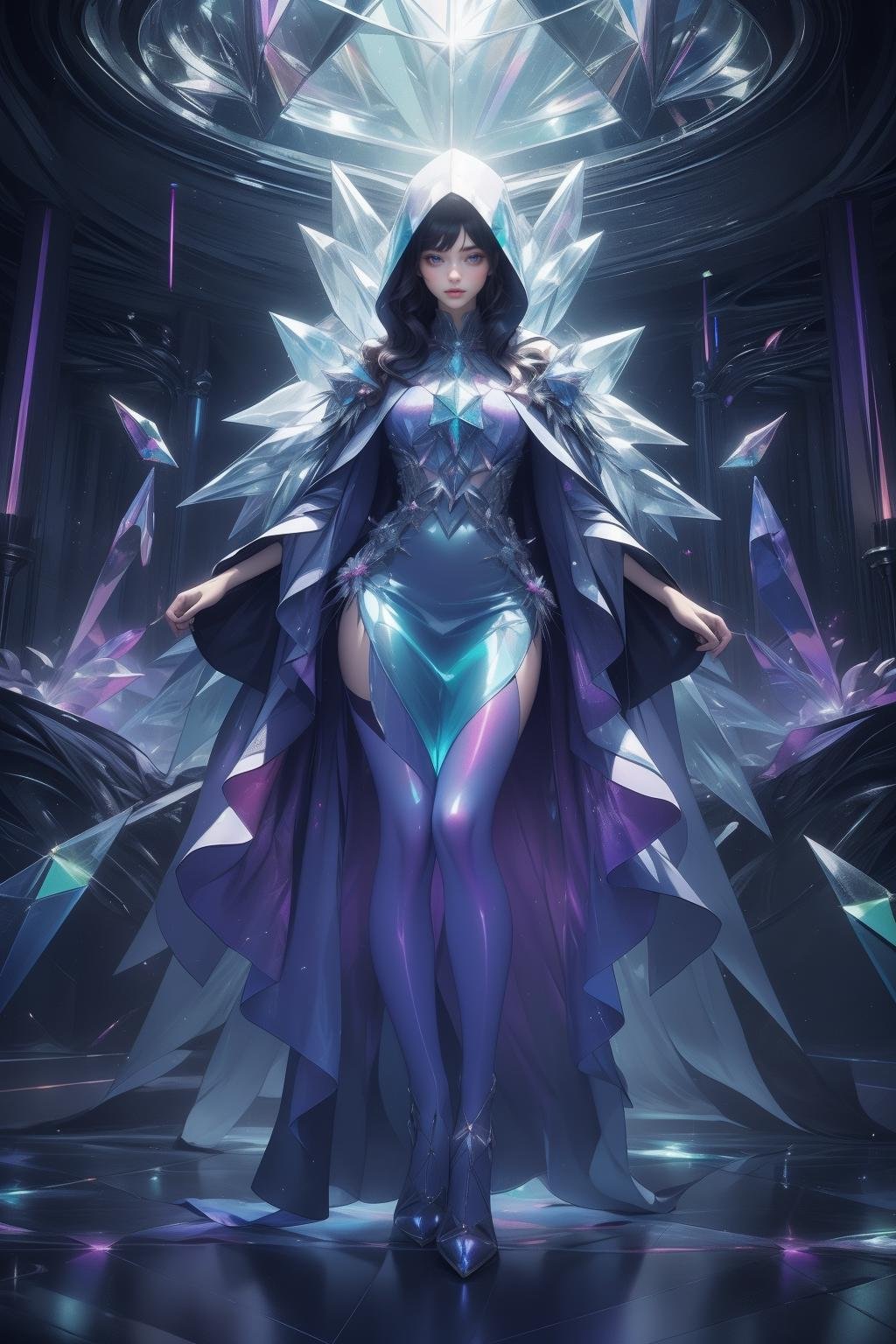 (masterpiece, top quality, best quality, official art, beautiful and aesthetic:1.2),(radial composition:1.2),1 girl,a nun wearing a transparent hood rebe made of azure crystal,crystalline leggings,magic ball,(crystal church interior),arch,colorful glass,mirror floor reflection,(iridescent,vivid fancy neon color),symmetrical ballance,glowing rainbow color long hair,fantasy,ethereal,epic,(fractal),<lora:samo crystal3-000009:0.7>,<lora:black issey miyake:0.3>,