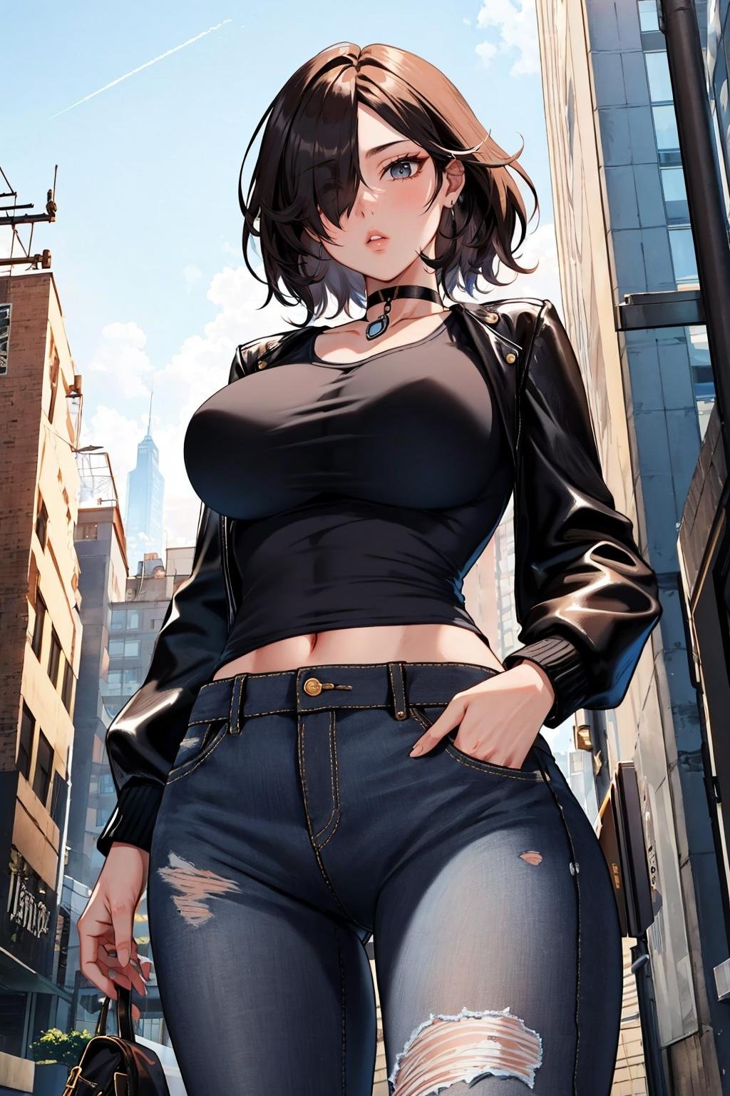 masterpiece, best quality, <lora:otthrone-nvwls-v1-000009:0.9> otthrone, hair over one eye, choker, leather jacket, black t-shirt, black jeans, torn clothes, looking at viewer, from below, serious, cityscape <lora:edgGrungeFreestyle:0.8> large breasts