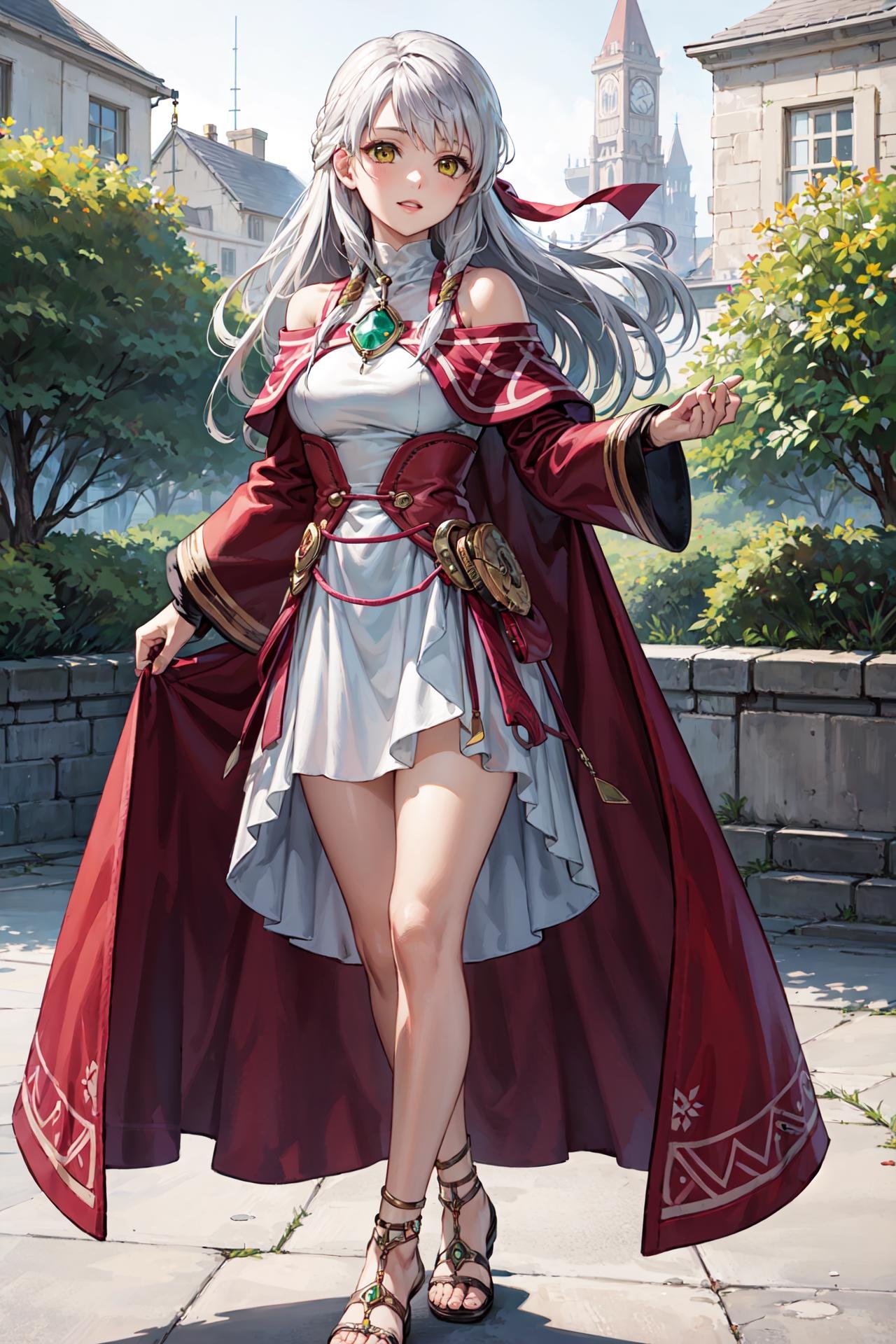 standing,spoken ellipsis,<lora:micaiahV3:0.9>,bra_micaiah,skirt,bridal gauntlets,  jewelry, cape, bare shoulders, circlet,  sandals,sleeveless dress,red cape, long sleeves, wide sleeves, side slit, white dress, detached sleeves, turtleneck, ribbon, pink dress, fingerless gloves, outdoors, (masterpiece, best quality, ultra-detailed, best shadow)