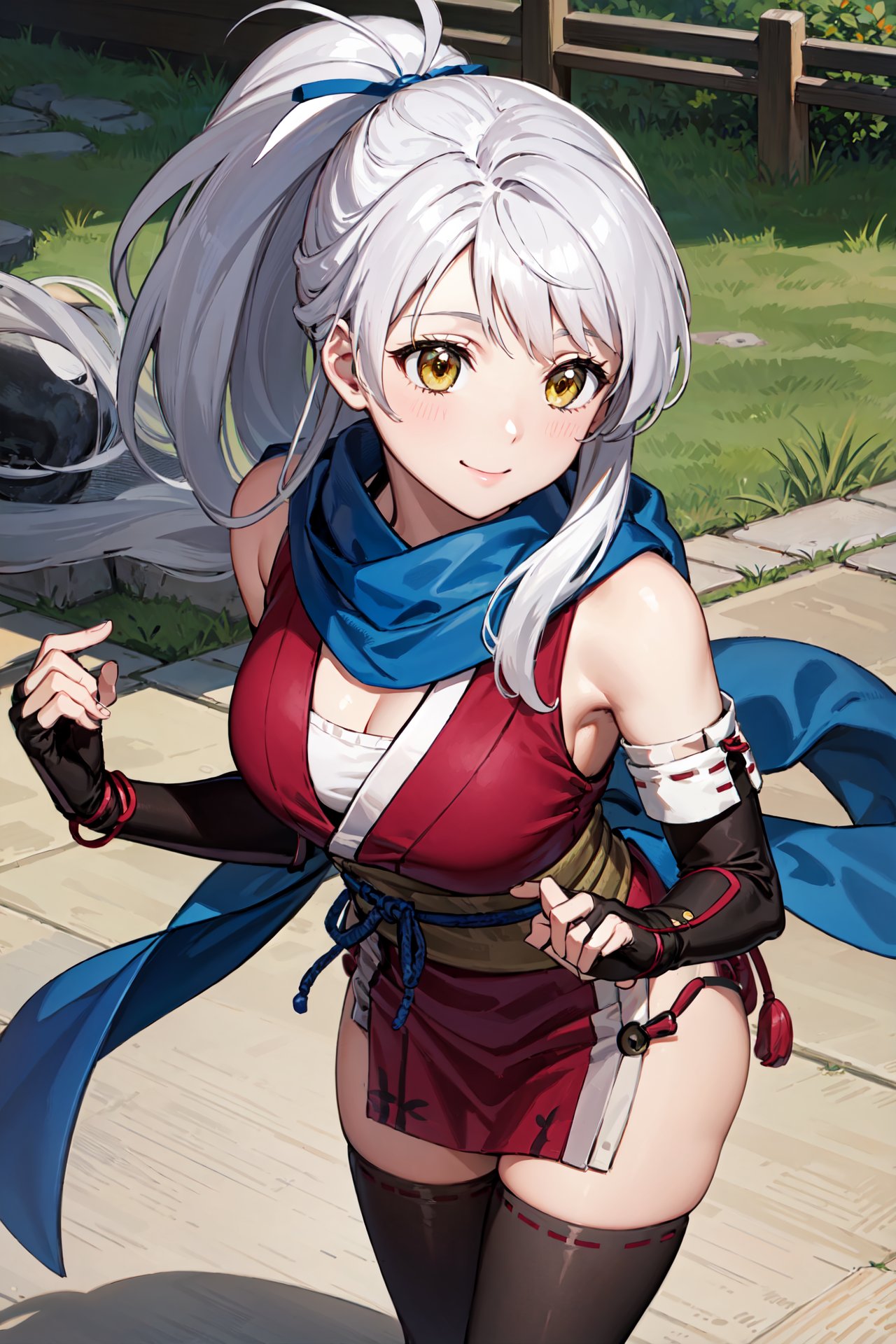 bent over,ceiling<lora:micaiahV3:0.9>, nin_micaiah,ponytail,chest sarashi,  gloves,smile, blue scarf, black gloves, fingerless gloves, elbow gloves, sleeveless dress,ribbon, ,  black thighhighs, side slit,bare shoulders, japanese clothes, bracelet, sash, obi, sleeveless kimono,  bangle,tabi,japanese garden,outdoors, (masterpiece, best quality, ultra-detailed, best shadow)