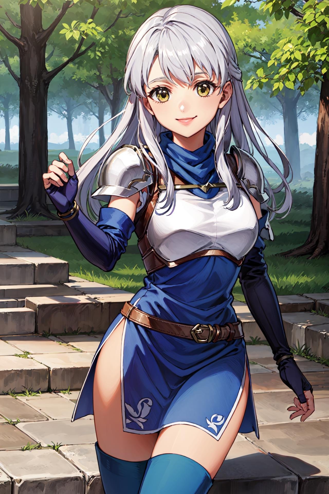 ,<lora:micaiahV3:0.85>, def_micaiah,<lora:pkuniform-nvwls-v1:1>,pkuniform, armor,blue dress, thigh boots,smile, outdoors,(masterpiece, best quality, ultra-detailed, best shadow) 