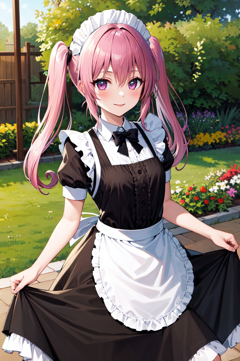 masterpiece, best quality, highres, aanana, long hair, twintails, <lora:nana_asta_deviluke_v1:0.7>, maid, maid headdress, black dress, apron, garden, smile, skirt hold, 