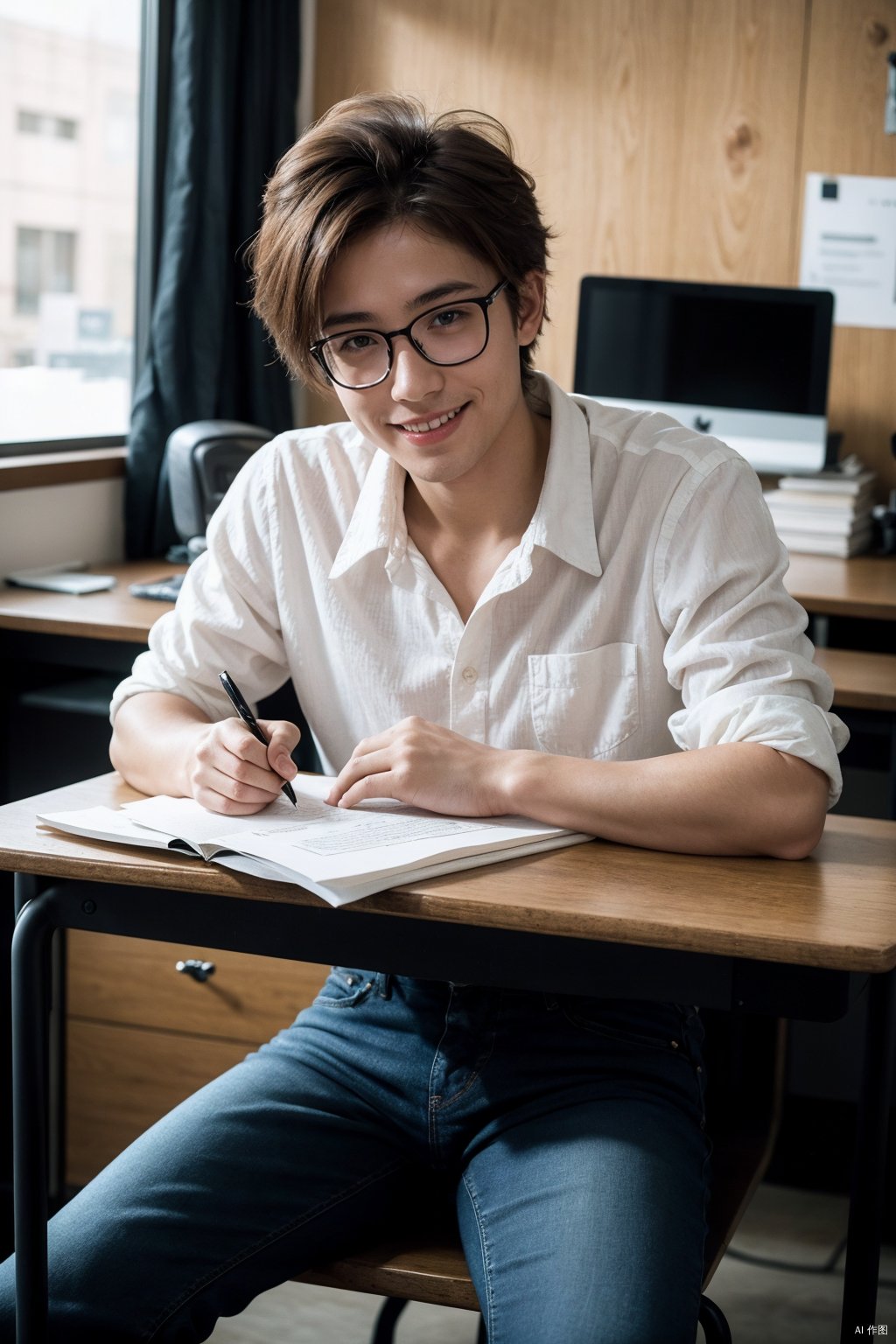  A photo of a young, nerdy man sitting behind a desk, at school, wearing a white shirt, surrounded by a cozy atmosphere, looking at the viewer.
short red hair, smile with the camera, jeans, writing papers,

HDR, Vibrant colors, surreal, highly detailed, masterpiece, ultra high res,