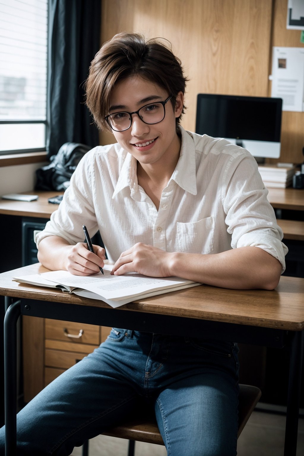 A photo of a young, nerdy man sitting behind a desk, at school, wearing a white shirt, surrounded by a cozy atmosphere, looking at the viewer.
short red hair, smile with the camera, jeans, writing papers,

HDR, Vibrant colors, surreal, highly detailed, masterpiece, ultra high res,