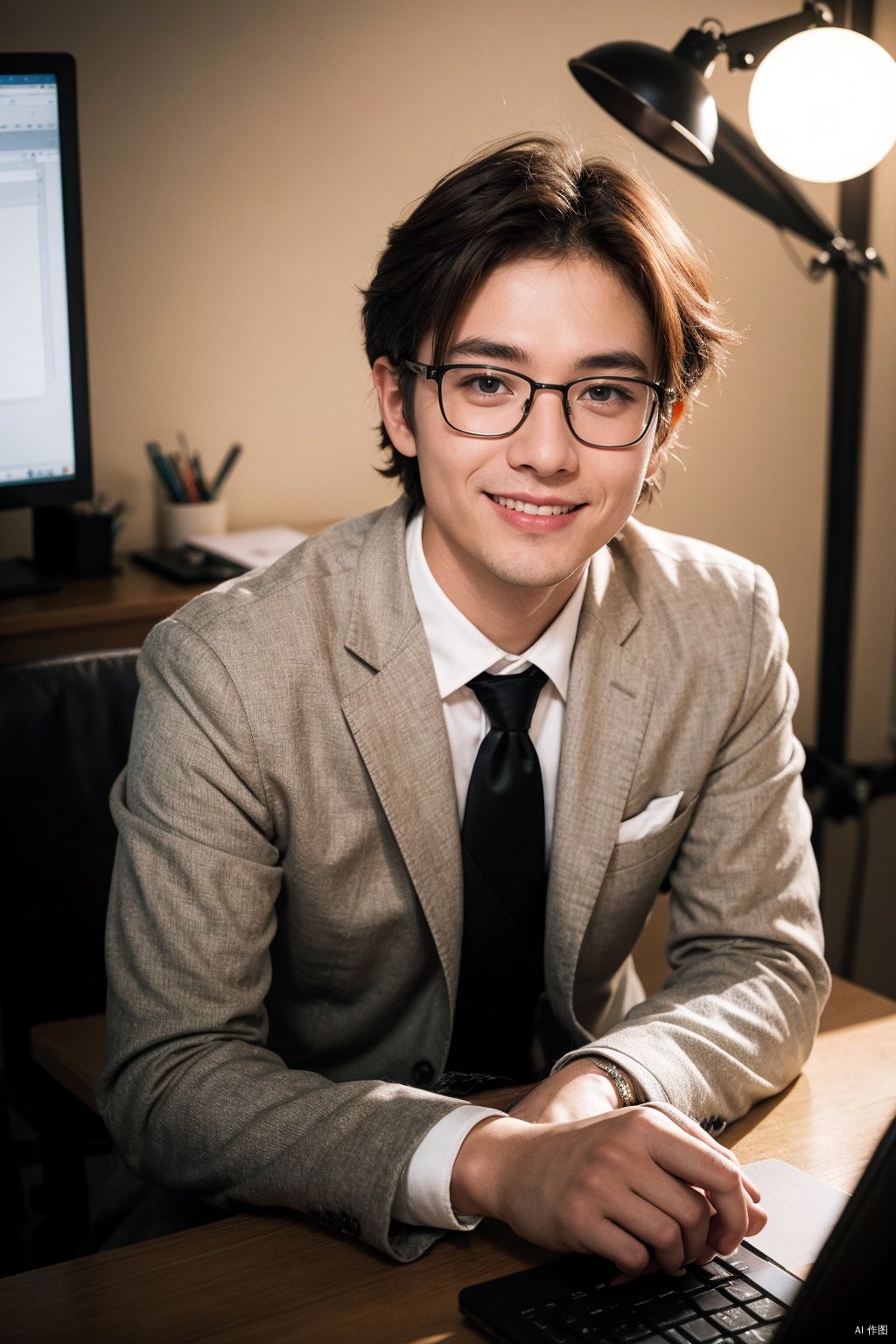  A photo of a young, nerdy man sitting behind a desk, 
wearing a suit, surrounded by a cozy atmosphere, looking at the viewer.
short red hair, smile with the camera, 

HDR, Vibrant colors, surreal, highly detailed, masterpiece, ultra high res,