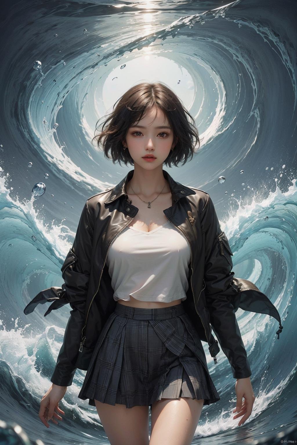 Best quality,masterpiece,ultra high res,1girl,<lora:GoodHands-beta2:1>,water,waves,filled with water energy,<lora:shui2 加水神:0.7:lbw=MIDD>,shui2,skirt,jacket,jewelry,shirt,short hair,black hair,plaid skirt,black jacket, generous, charming, revealing, illumination, light, intricate, elegant, romantic, graceful, vibrant, color, saturated, pretty, attractive, extremely detailed, stunning, enhanced, background, rich deep colors, surreal, beautiful, inspiring, thought, cinematic, dramatic, ambient, full perfect, fine detail