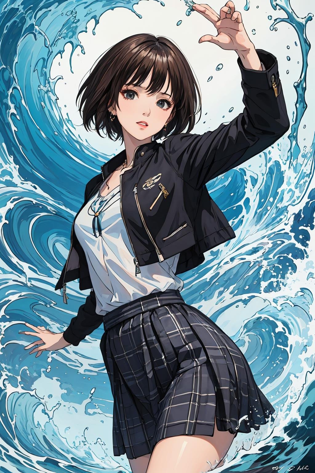 Best quality,masterpiece,ultra high res,1girl,<lora:GoodHands-beta2:1>,water,waves,filled with water energy,<lora:shui2 加水神:0.7:lbw=MIDD>,shui2,skirt,jacket,jewelry,shirt,short hair,black hair,plaid skirt,black jacket, confident, passionate, touching, joyful, symmetry, detailed, pleasing, colors, inspirational, innocent, light, saturated, vibrant, beautiful, illuminated, pretty, cinematic, sharp focus, full perfect, epic, extremely fine detail, intricate, elegant, creative, rich composition, cool color, ambient background