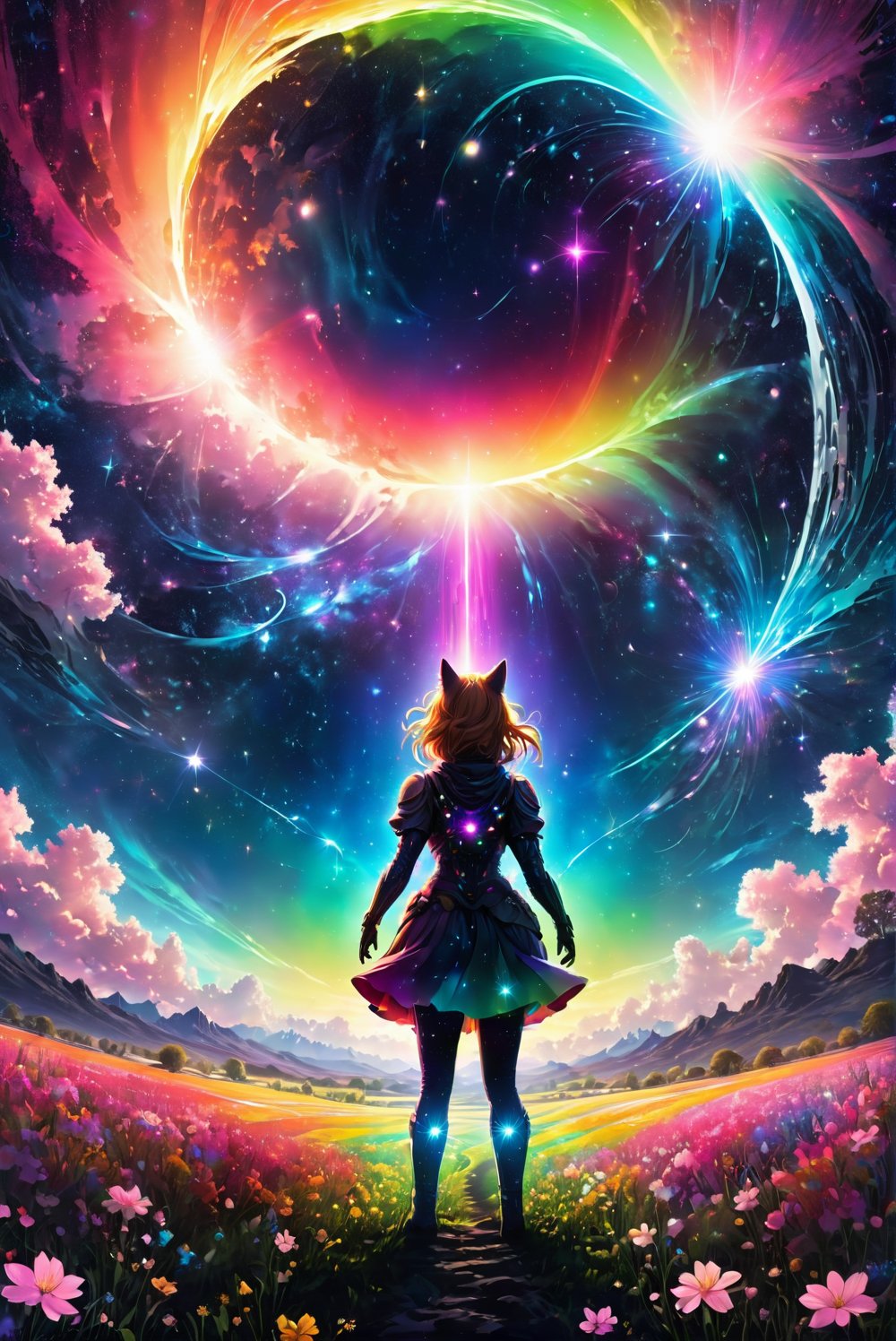 (bottom view),catgirl standing in a flower field looking up (full moon),(shooting stars),(nebula),sakura,(warm light source:),(Firefly),intricate details,volumetric lighting,(masterpiece),(best quality),4k,ultra-detailed,(dynamic composition),highly detailed,colorful details,(rainbow colors),(glowing lighting, atmospheric lighting),dreamy,magical,