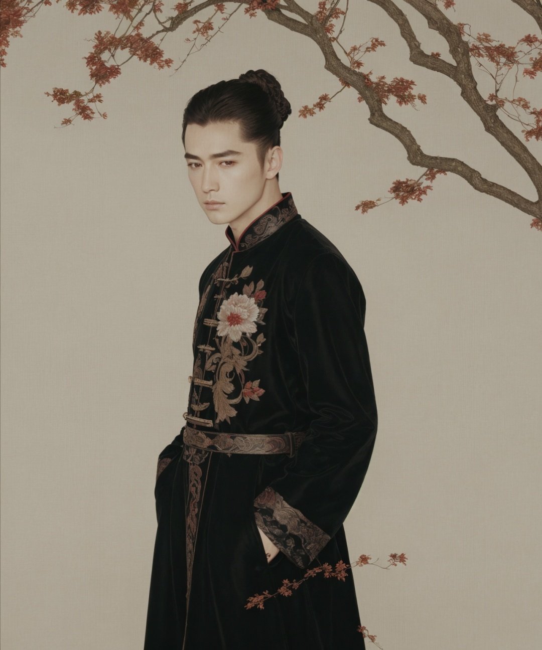 (masterpiece, top quality, best quality, official art, beautiful and aesthetic:1.2),gongbi,1boy,solo,upper body,profile,dynamic posture,male focus,wearing hanfu,hanfu,chinese clothes,branch,hand in pocket,stylized,coat,white coat,standing,tree,rim light,surreal design,black shirt,closed mouth,absurdres,belt,short hair,leaf,plant,gongbi,ulzzang-6500-v1.1,<lora:Fisher_meticulous painting:0.8>,