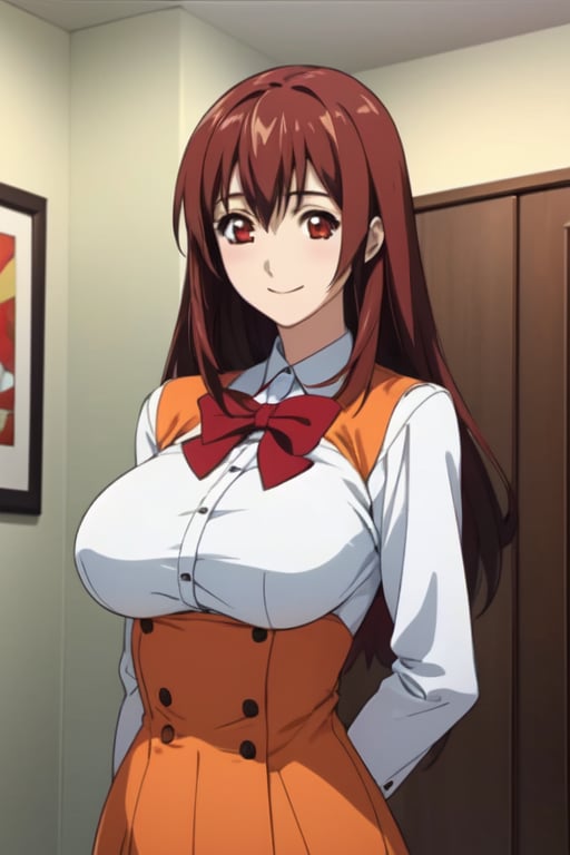  masterpiece, best quality, Rena, 1girl, solo, red hair, red eyes, Happy, large breasts, orange uniform, standing, in room