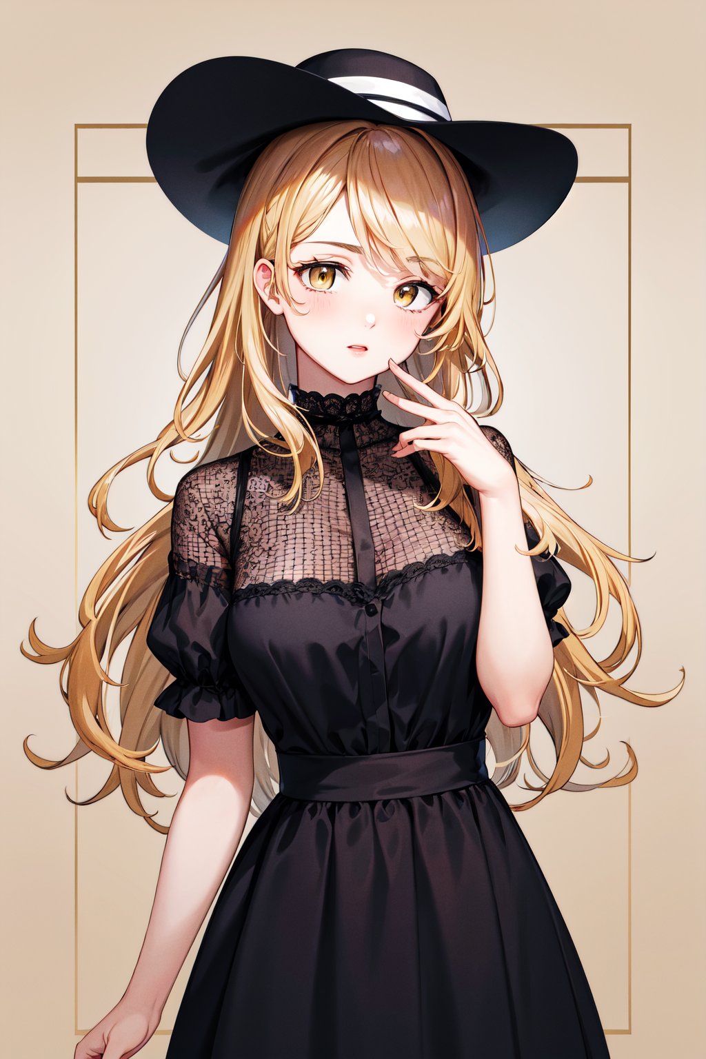 masterpiece, best quality, highres, aaemma, long hair, blonde hair,  yellow eyes, dress, <lora:sano_emma_v1:0.7>, standing, cowboy shot,