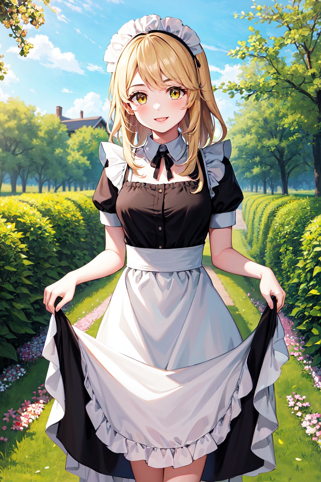 masterpiece, best quality, highres, aaemma, long hair, blonde hair, yellow eyes, maid, maid headdress, black dress, <lora:sano_emma_v1:0.7>, outdoors, garden, stadning, smile, skirt hold, 