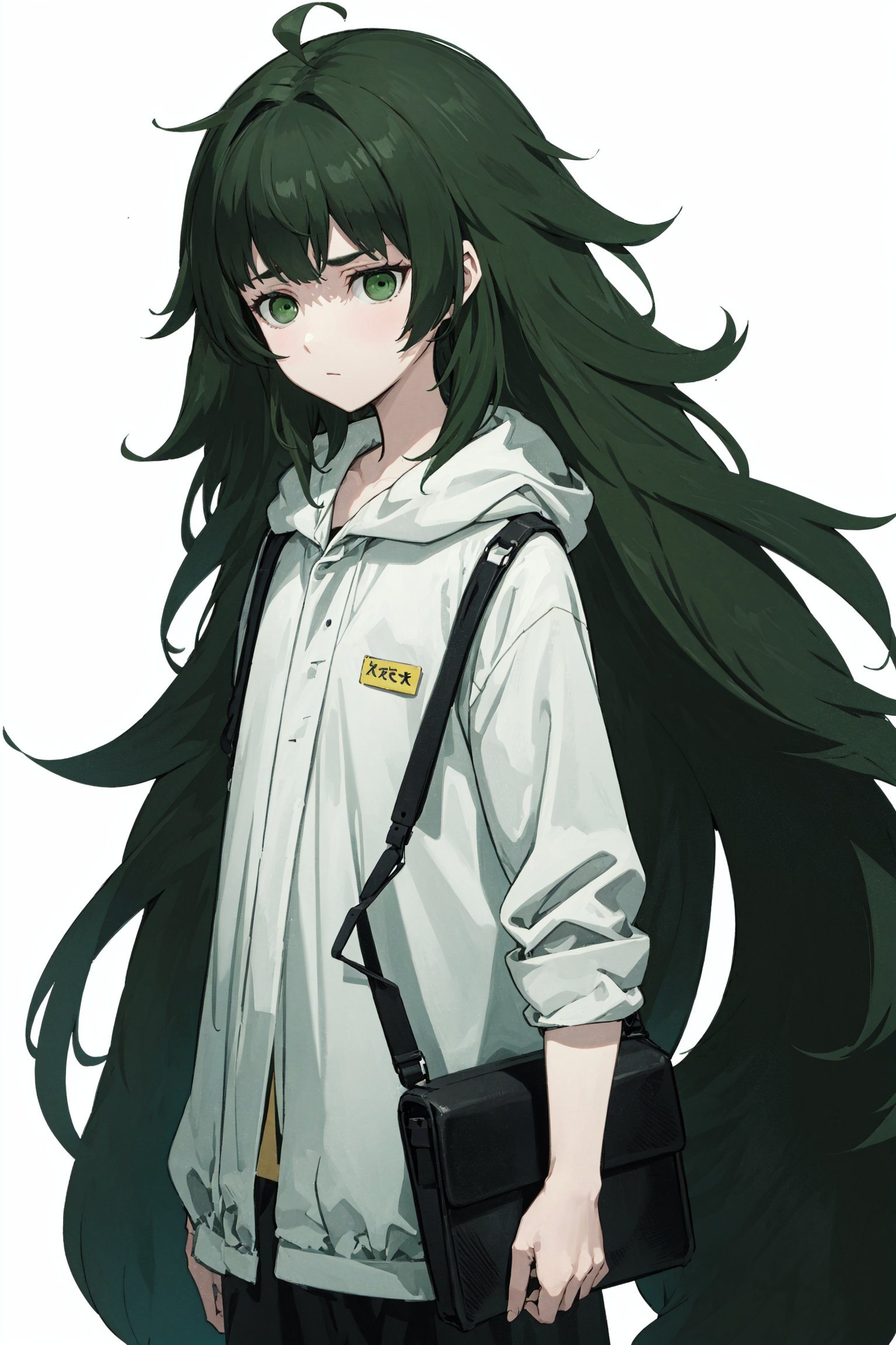  messy hair, dark green hair, very long hair, green eyes, bags under eyes,