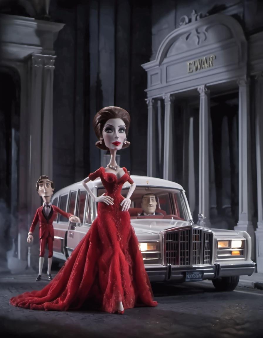 stopmotion, Pretty Woman: Vivian in a red dress, Edward and Vivian in a white limo. <lora:STOPMO_1.12_RC:0.9>