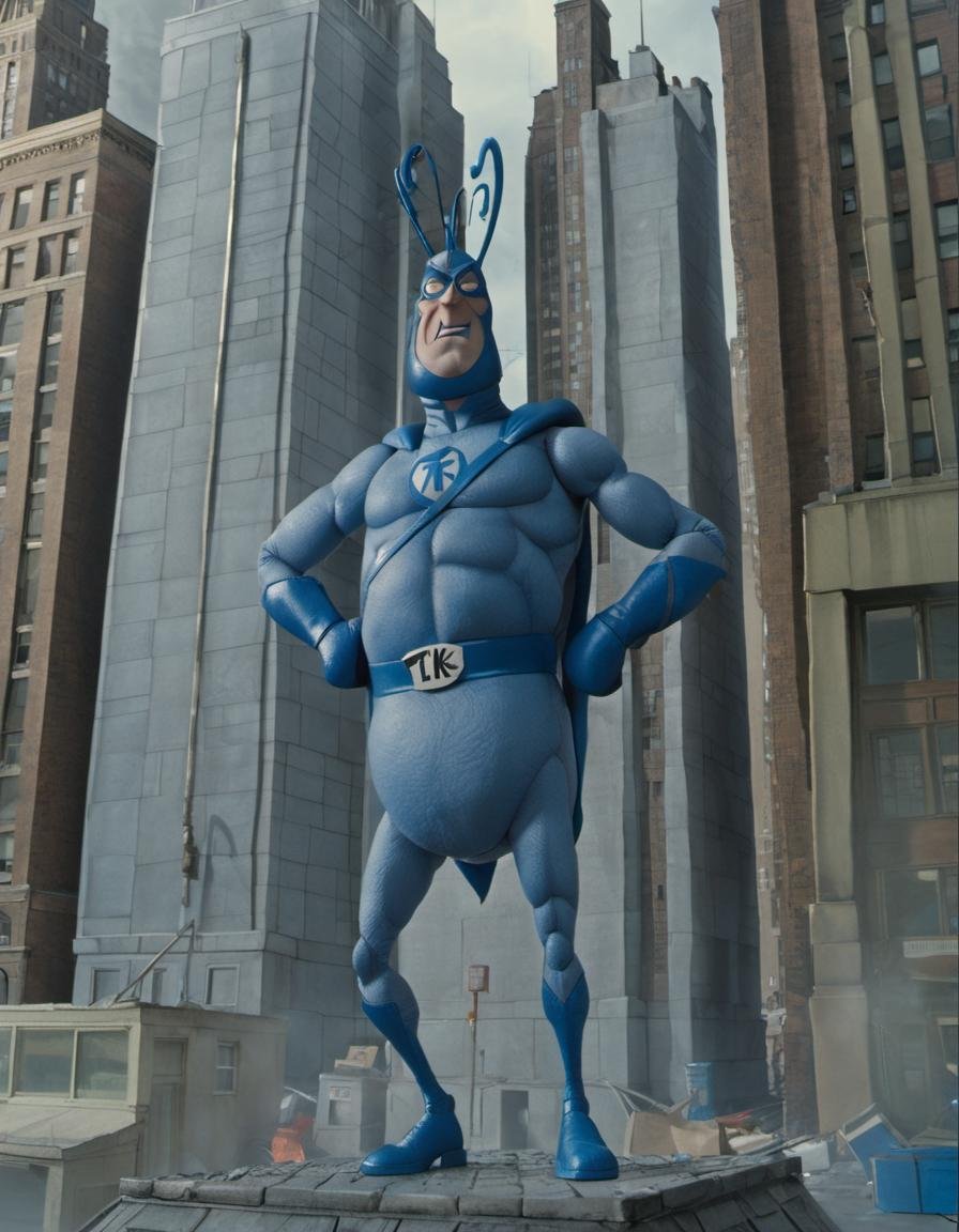 stopmotion, The Tick hero, standing on a building <lora:STOPMO_1.12_RC:0.9>