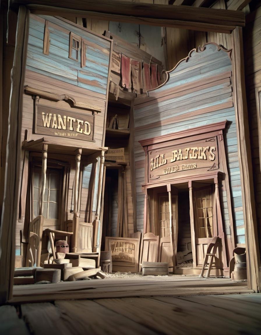 stopmotion, Wild West Town: Dusty, wooden saloons, tumbleweeds, cowboys, wanted posters, swinging saloon doors. <lora:STOPMO_1.12_RC:0.9>