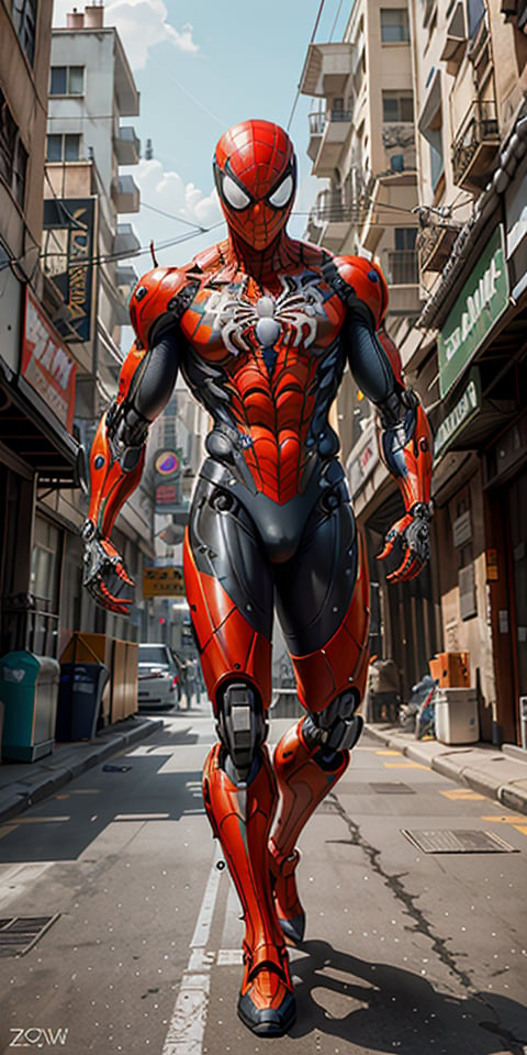 a photograph of spider man 2099, biomechanical,  complex robot, full body, hyper realistic, insane fine details, Extremely sharp lines, cyberpunk aesthetic, a masterpiece, featured on zbrush central    , ROBOT, BY MOONCRYPTOWOW