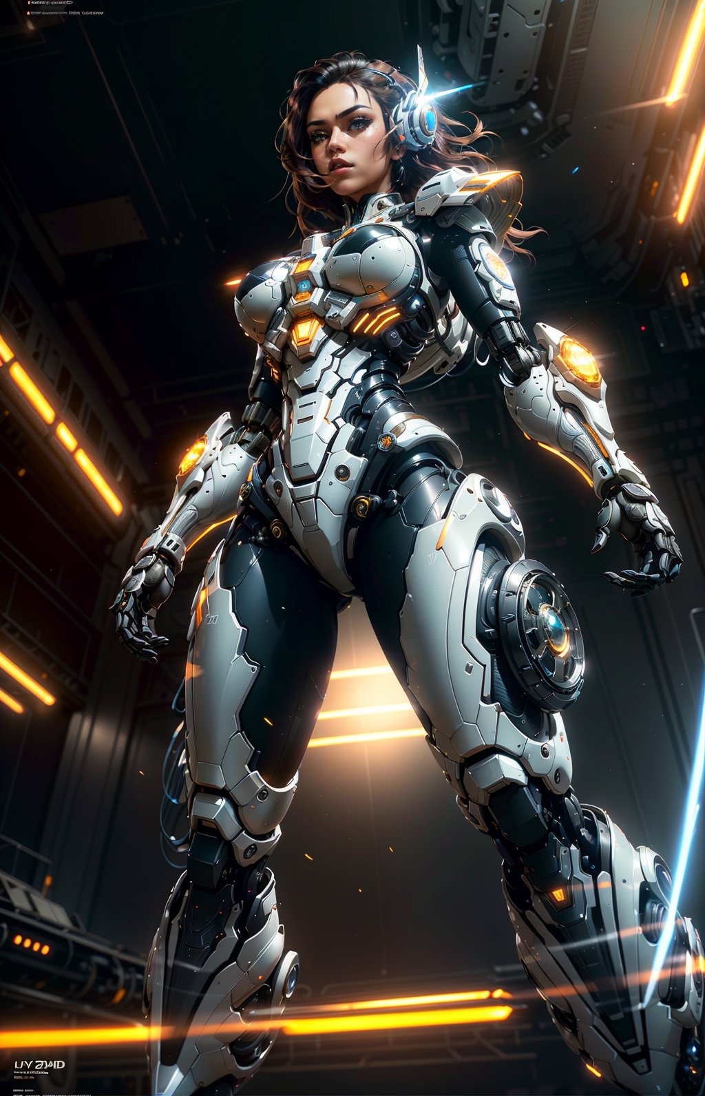  1girl, parted lips, hair blowing in wind, open hand, machinery, Mecha, science fiction, machinery armor, Metallic luster, electroplated, clothes sign, Mars, spaceship, floating cannon, hexagon, (from below:1.2), glow, backlighting, (background blur:1.2), cinematic lighting, Low illumination, VHS-style, (masterpiece:1.3), (best quality:1.1), intricate detailed, (Hyperrealistic:1.1), (realistic details:1.1), highly detailed, (the text on the cover should be bold and attention-grabbing, with the title of the magazine and a catchy headline:1.4), , ,Super perspective,wide shot. Dynamic pose, fighting_stance.,wide shot, BY MOONCRYPTOWOW, ROBOT