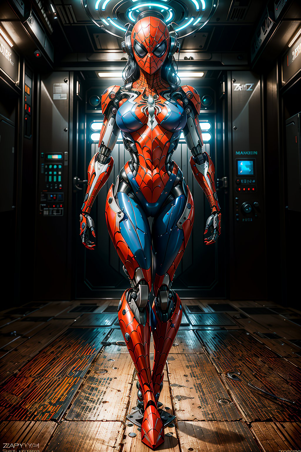 a photograph of spider man 2099, biomechanical,  complex robot, full body, hyper realistic, insane fine details, Extremely sharp lines, cyberpunk aesthetic, a masterpiece, featured on zbrush central    , ROBOT, BY MOONCRYPTOWOW,HALO, Nico Robin