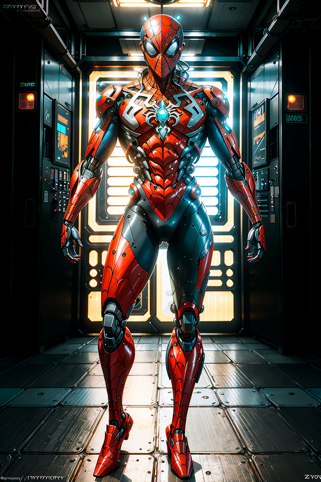 a photograph of spider man 2099, biomechanical,  complex robot, full body, hyper realistic, insane fine details, Extremely sharp lines, cyberpunk aesthetic, a masterpiece, featured on zbrush central    , ROBOT, BY MOONCRYPTOWOW,HALO, Nico Robin