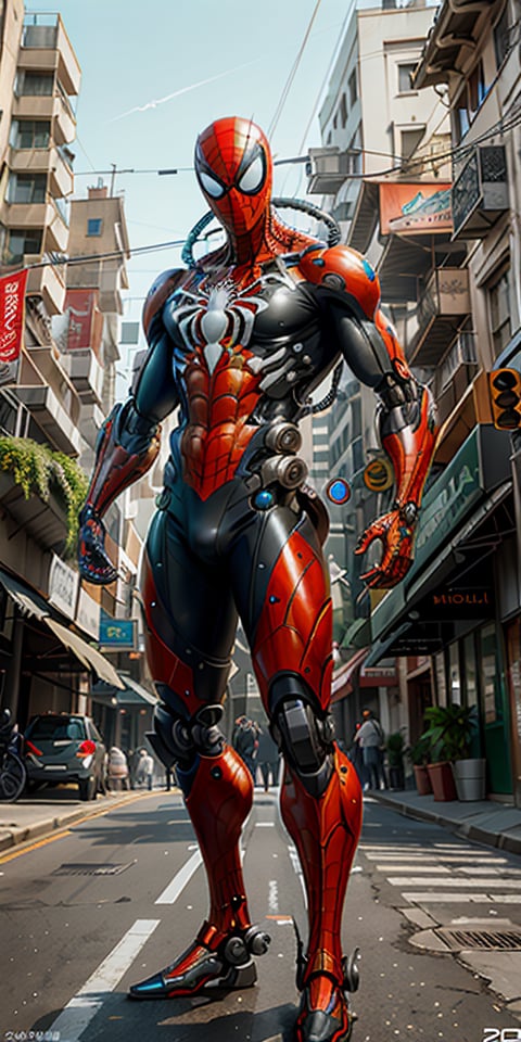 a photograph of spider man 2099, biomechanical,  complex robot, full body, hyper realistic, insane fine details, Extremely sharp lines, cyberpunk aesthetic, a masterpiece, featured on zbrush central    , ROBOT, BY MOONCRYPTOWOW