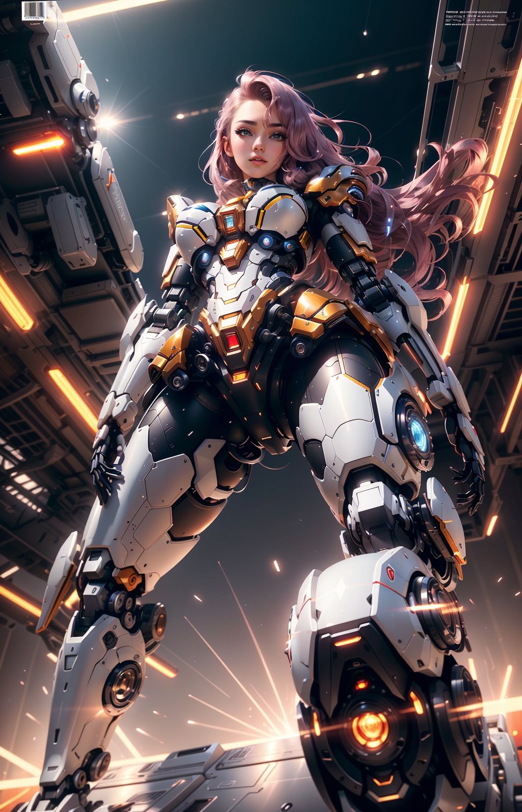  1girl, parted lips, hair blowing in wind, open hand, machinery, Mecha, science fiction, machinery armor, Metallic luster, electroplated, clothes sign, Mars, spaceship, floating cannon, hexagon, (from below:1.2), glow, backlighting, (background blur:1.2), cinematic lighting, Low illumination, VHS-style, (masterpiece:1.3), (best quality:1.1), intricate detailed, (Hyperrealistic:1.1), (realistic details:1.1), highly detailed, (the text on the cover should be bold and attention-grabbing, with the title of the magazine and a catchy headline:1.4), , ,Super perspective,wide shot. Dynamic pose, fighting_stance.,wide shot, BY MOONCRYPTOWOW