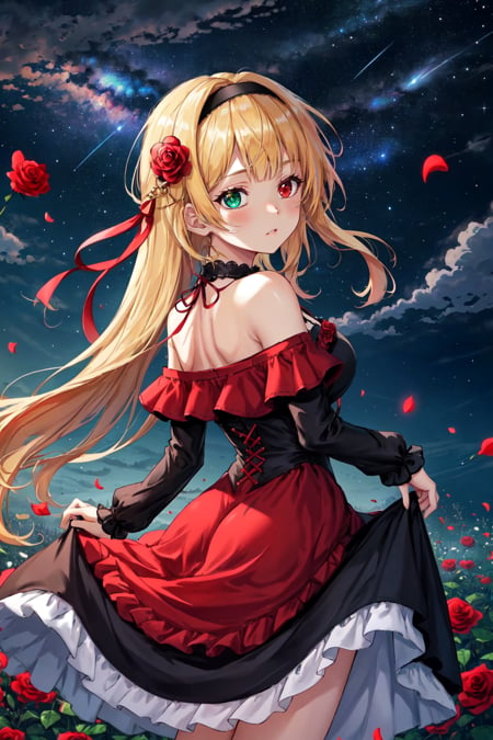 <lora:Psychogen_v2:0.5> Psychogenic Dream Style, 1girl, bangs, bare shoulders, black hairband, blonde hair, blunt bangs, blush, closed mouth, cloud, dress, floating hair, flower, frilled dress, frills, green eyes, hair flower, hair ornament, hairband, heterochromia, lantern, long hair, long sleeves, looking at viewer, looking back, medium breasts, night, night sky, off shoulder, off-shoulder dress, outdoors, parted lips, petals, red dress, red eyes, red flower, red rose, ribbon, rose, skirt hold, sky, solo, standing, star (sky), starry sky, very long hair