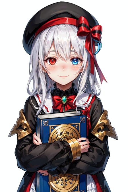 <lora:Psychogen_v2:0.5> Psychogenic Dream Style, 1girl, bangs, beret, black headwear, blue eyes, blush, book, bow, closed mouth, dress, hat, hat bow, heterochromia, holding, holding book, long hair, long sleeves, looking at viewer, object hug, red eyes, shirt, simple background, sleeves past wrists, smile, solo, striped bow, upper body, very long hair, white background, white hair