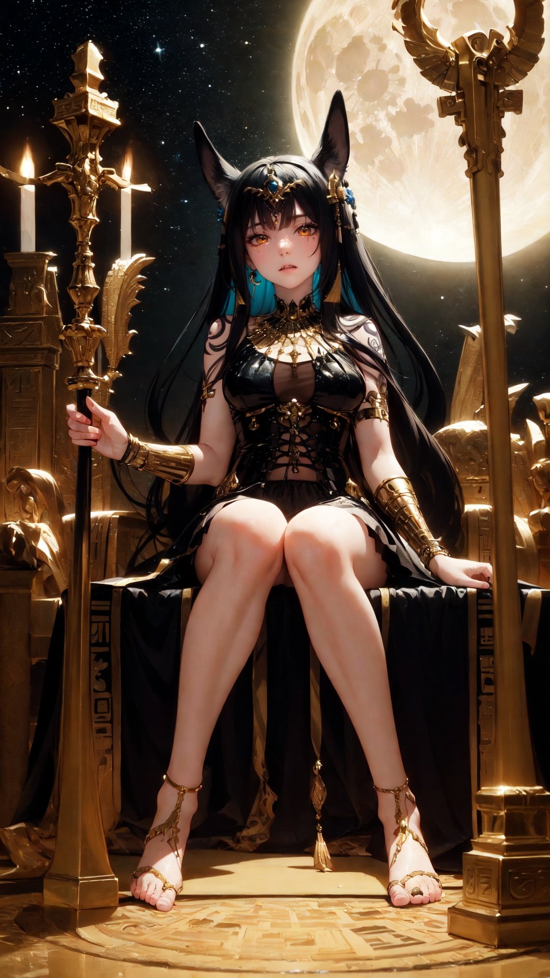 (masterpiece, top quality, best quality, official art, beautiful and aesthetic:1.3), (1girl:1.3), extreme detailed, colorful, highest detailed,((ultra-detailed)), (highly detailed CG illustration), ((an extremely delicate and beautiful)), cinematic light, petite, anubis attire, solo, (abstract art:1), full body, moon, night, ((ancient egyptian theme)), (anubis ears), pyramids, staff, (gold), golden ornaments, ((expressionless)), pharao, hierography, portrait, body tattoo, face tattoo, active pose, over head lighting, fangs, glowing eyes, sitting, relics,,tutututu, black short sleeveless dress, see-through, <lora:tutuxem_0008:0.7>  