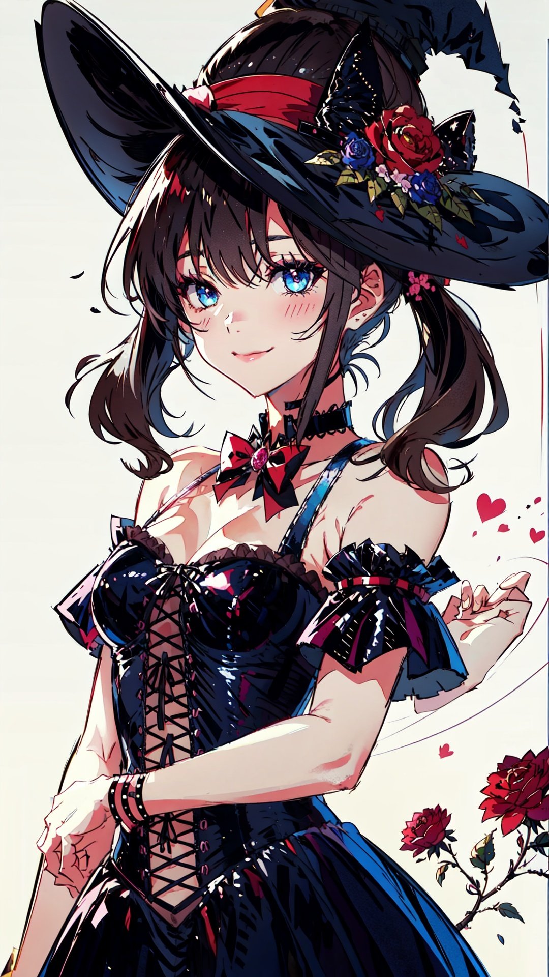 1girl, solo, hat, witch hat, blue eyes, twintails, brown hair, looking at viewer, long hair, heart, upper body, choker, bow, flower, witch, breasts, dress, bangs, bowtie, red bow, puffy sleeves, white flower, blush, closed mouth, hair between eyes, red bowtie, red choker, medium breasts, white background, smile, simple background, short sleeves, hair ornament, hand up, pink flower, black headwear, cleavage, rose,,tutututu, black short sleeveless dress, see-through, <lora:tutuxem_0008:0.8>  