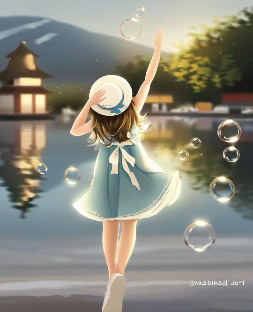 dancai, 1girl, hat, solo, brown hair, dress, blurry, outdoors, from behind, white footwear, arm up, bubble ,<lora:淡彩_人物_V1.0XL:1>, masterpiece, best quality,