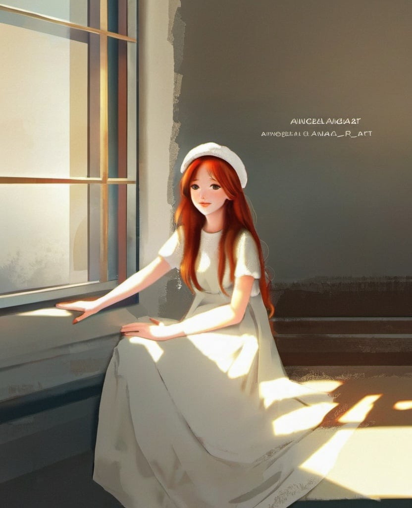 dancai, 1girl, solo, hat, dress, holding, white dress, red hair, looking at viewer, headwear removed, long hair, window, <lora:淡彩_人物_V1.0XL:1>, masterpiece, best quality,