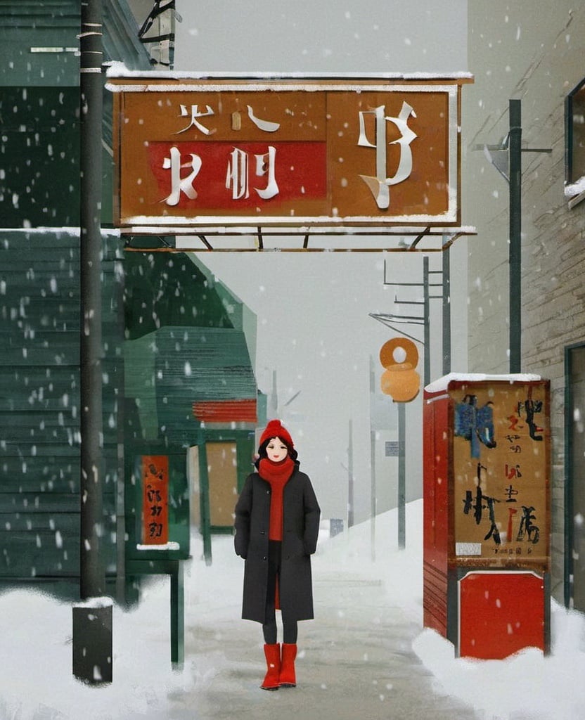 dancai, solo, snow, outdoors, sign, building, snowing, wide shot, 1girl, coat, red footwear, black pants, black coat, boots, standing, <lora:淡彩_人物_V1.0XL:1>, masterpiece, best quality,